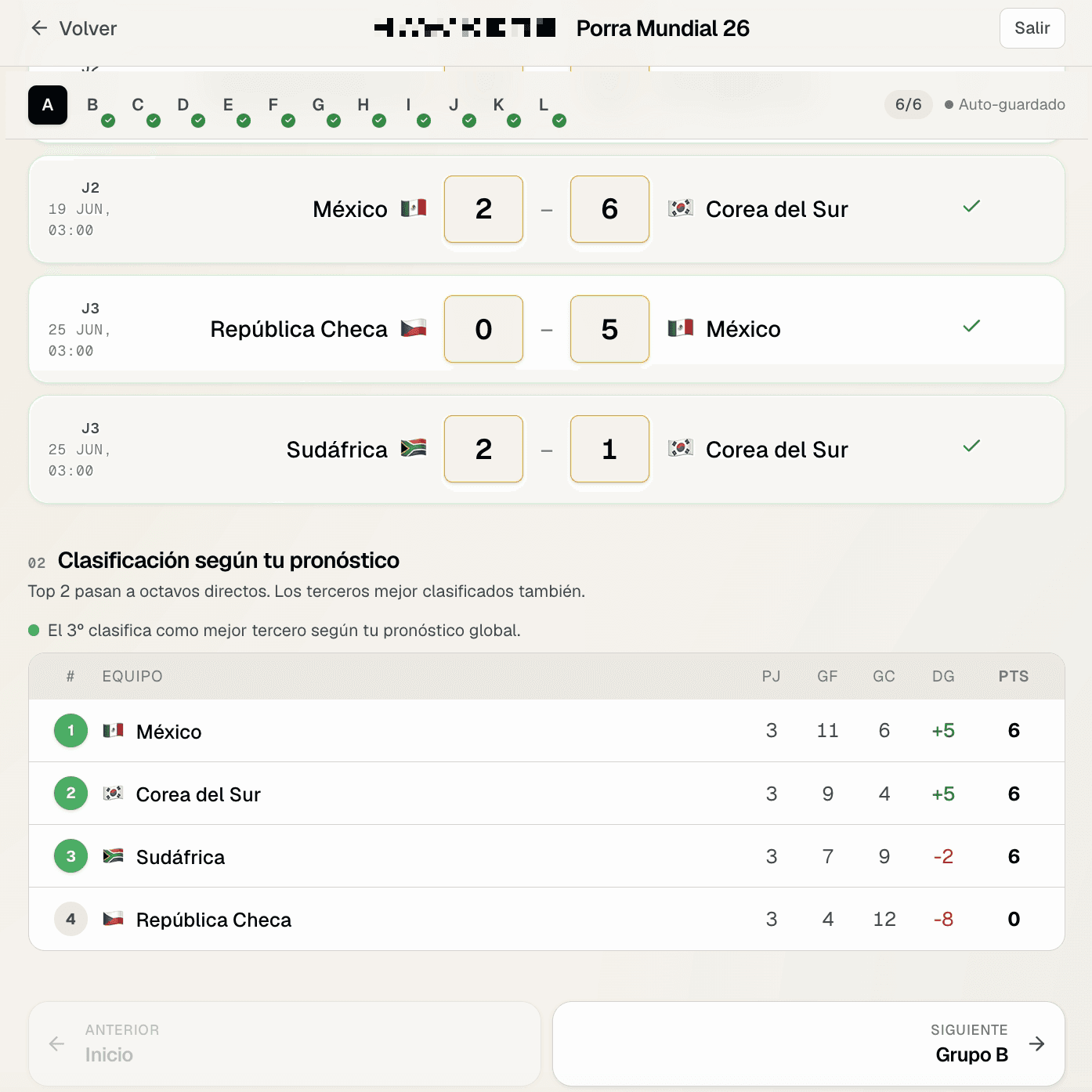 Pantalla de Porra Mundial 26 con pronósticos de partidos y clasificación calculada