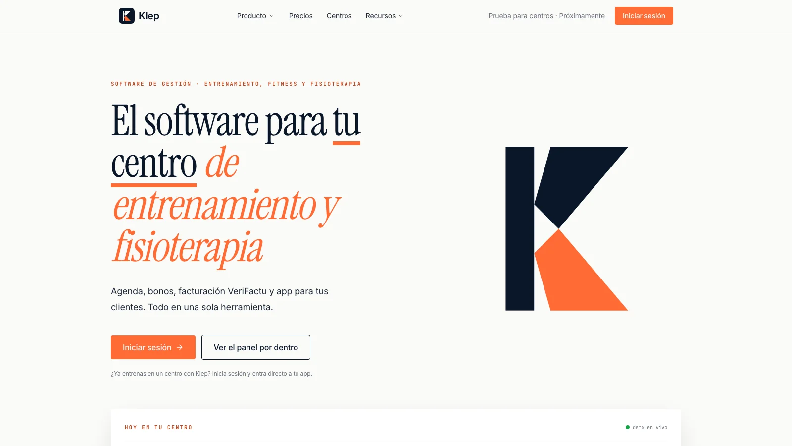 Klep homepage, management software for training and physiotherapy centres