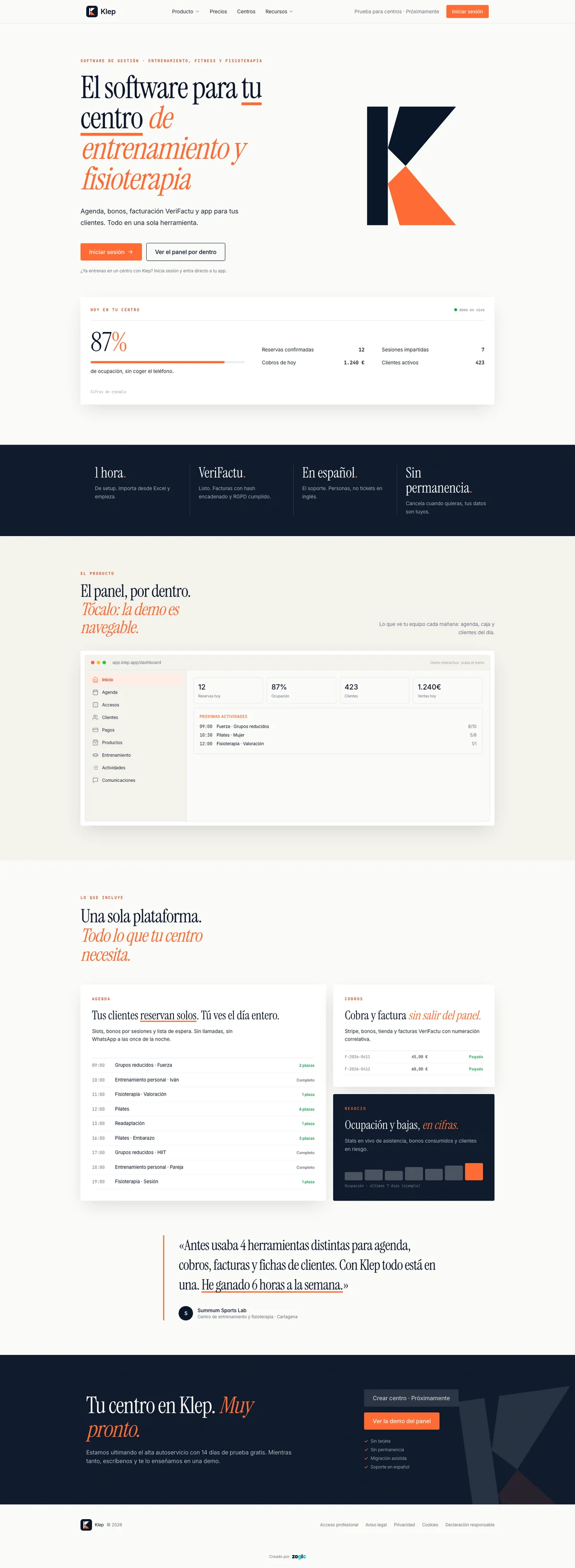 Full Klep website: homepage, management dashboard, features and closing section