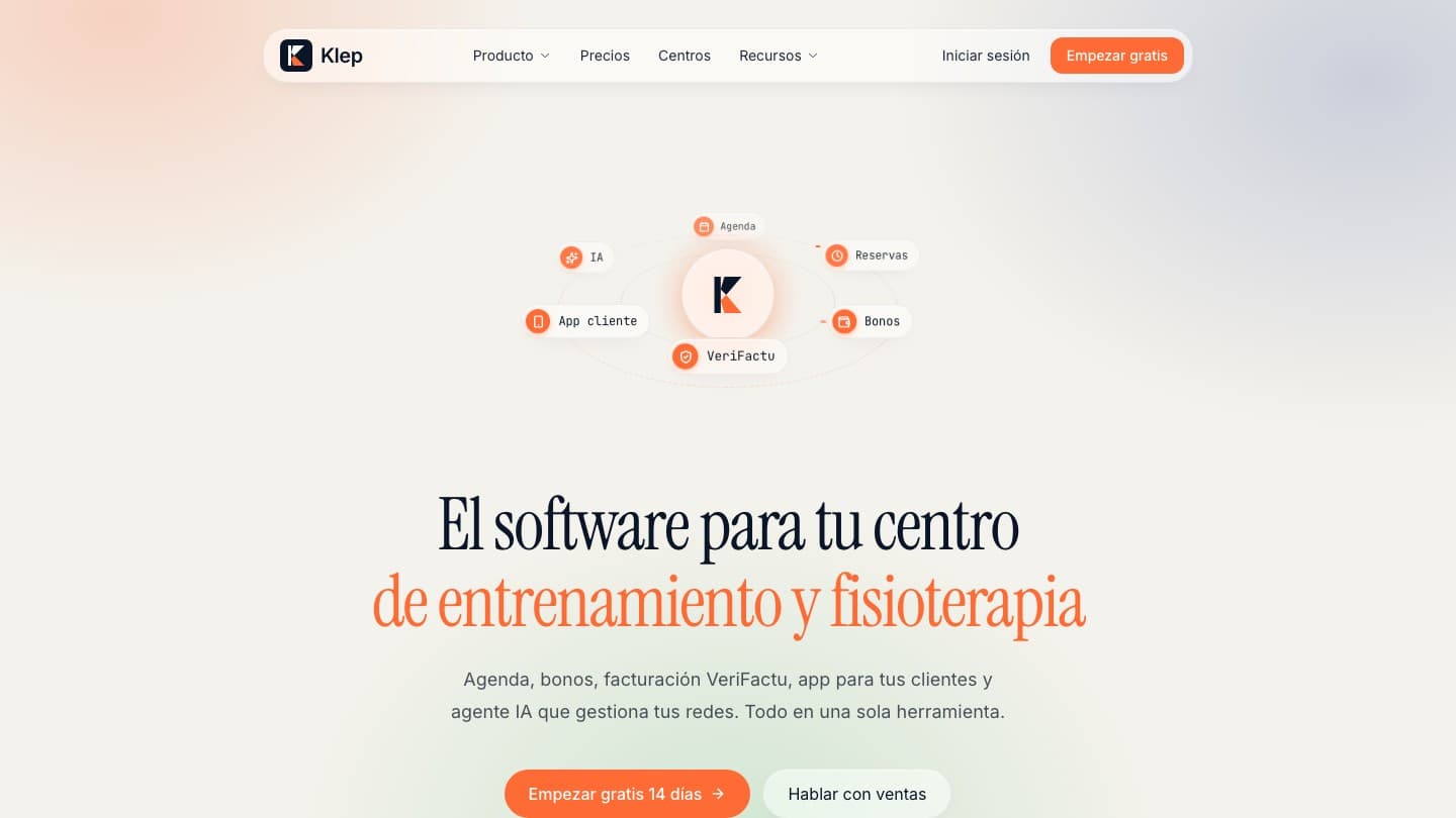Página principal de Klep, software de gestión para centros de entrenamiento y fisioterapia