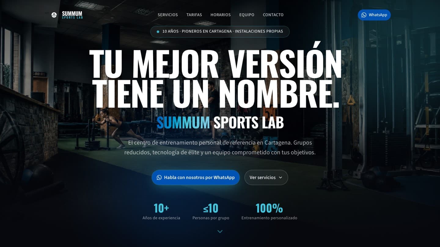 Página principal de Summum Sports Lab con una atleta entrenando en sus instalaciones